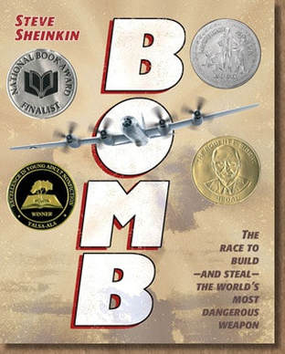 Book cover for Bomb by Steve Sheinkin showing an old war plane