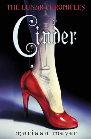 Book cover for Cinder by Marissa Meyer showing a cyborg leg in a red high heel