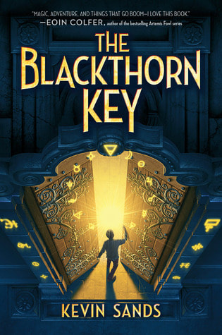Book cover for The Blackthorn Key by Kevin Sands showing someone walking through golden doors