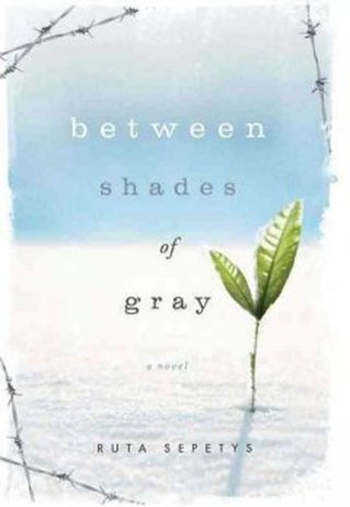 Book cover for Between Shades of Gray by Ruta Septeys showing a blade of grass sticking up through snow