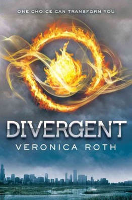 Book cover for Divergent by Veronica Roth showing a flaming eye looking out over a city skyline