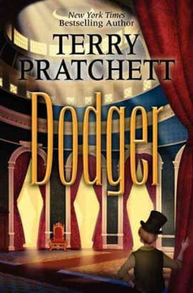 Book cover for Dodger by Terry Pratchett showing a character holding open a big red curtain