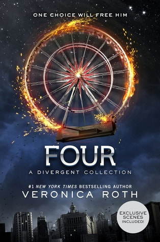 Book cover for Four: A Divergent Collection by Veronica Roth showing an ominous skyline