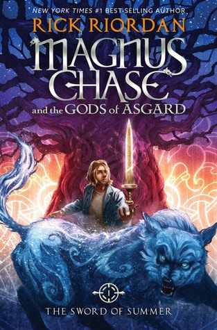 Book cover for the Sword of Summer by Rick Riordan showing a male with a sword and wild beast