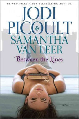 Book cover for Between the Lines showing a white girl laying on a bed while clutching a book