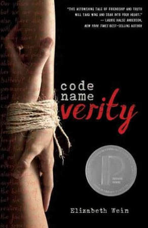 Book cover for Code Name Verity by Elizabeth Wein showing two hands tied together