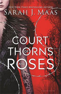 Book cover for A Court of Thorns and Roses by Sarah J. Maas showing a red background with a girl in the forefront