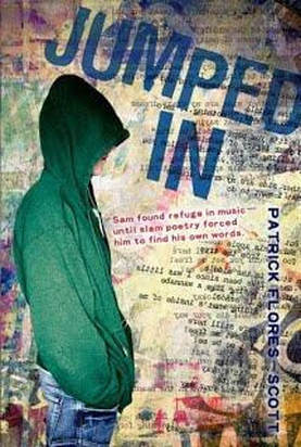Book cover for Jumped in by Patrick Flores-Scott showing a boy in a green hoodie with the hood up