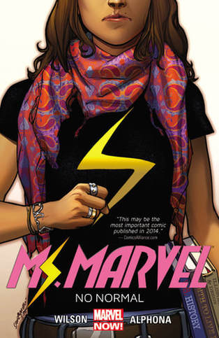 Book cover for Ms. Marvel Volume One: No Normal showing a teen girl wearing a scarf