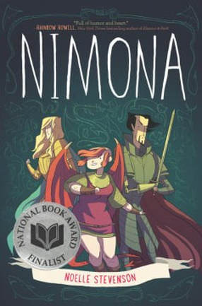 Book cover for Nimona by Noelle Stevenson showing three cartoon characters ready for battle