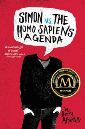 Book cover for Simon vs. the Homo Sapiens Agenda by Becky Albertalli showing a boy with a quote bubble where his head should be