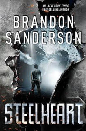 Book cover for Steelheart by Brandon Sanderson showing a boy staring out into a dark abyss