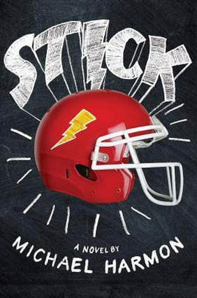 Book cover for Stick by Michael Harmon showing a red football helmet
