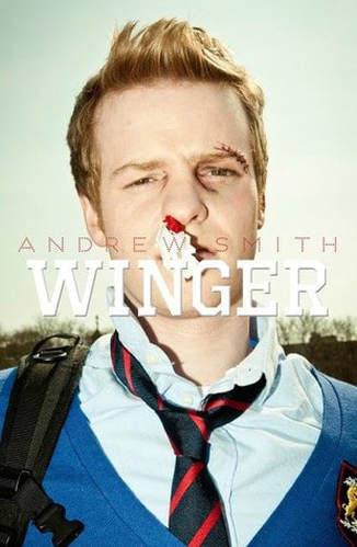 Book cover of Winger by Andrew Smith showing a white male prep school student with a bloody nose